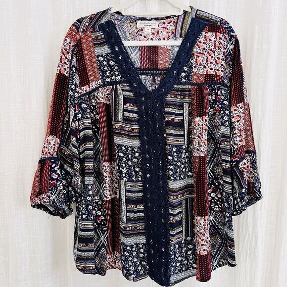 John Paul Richard Woman Blue & Red Patchwork Boho Soft Flowy Blouse - Plus 1X - Picture 1 of 9
